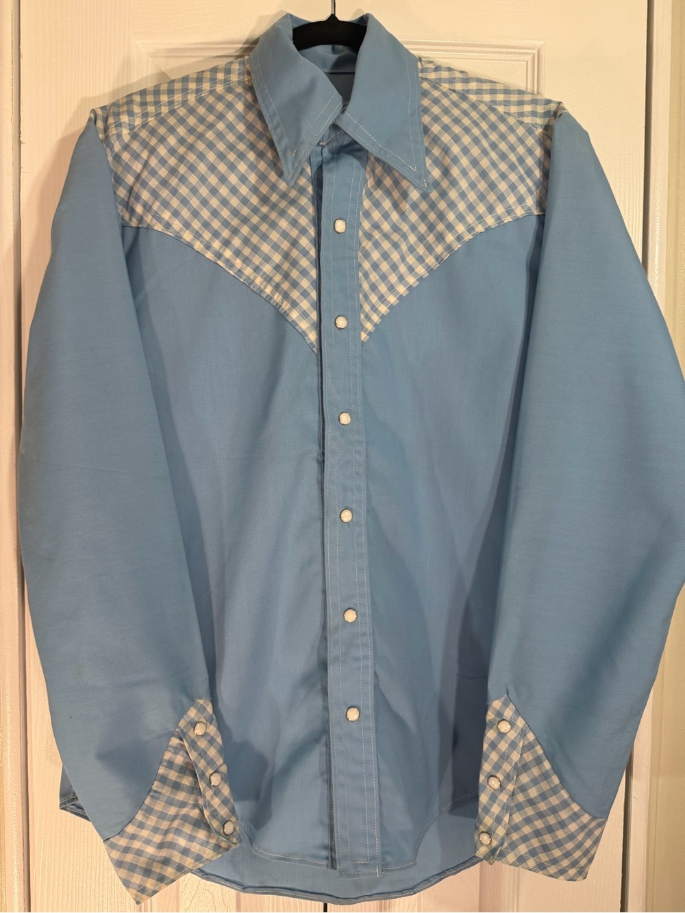 Vintage 1970sHandmade Pearl Snap Western Shirt‎ with Gingham Yoke and Cuffs